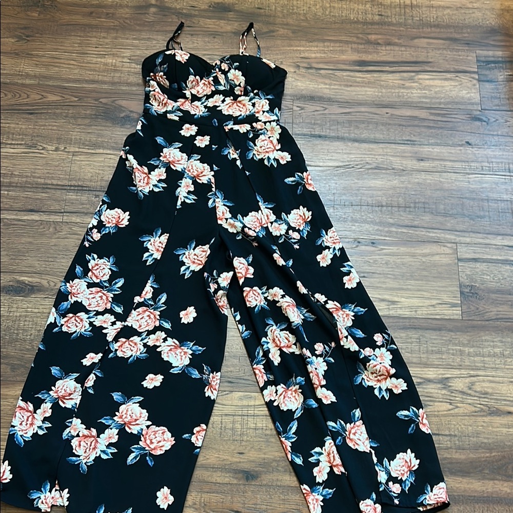 Xhilaration Black and Pink Floral Jumpsuit with Flowing Fit